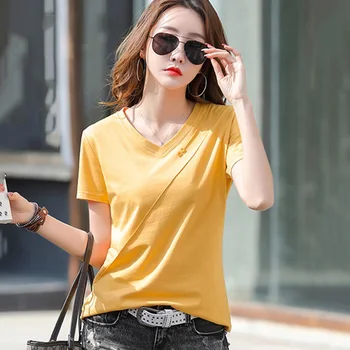 Новая женская футболка с коротким рукавом, летняя мода, хлопковые футболки с V-образным вырезом и маленькими пуговицами, топы, Повседневная простая Свободная базовая футболка желтого цвета