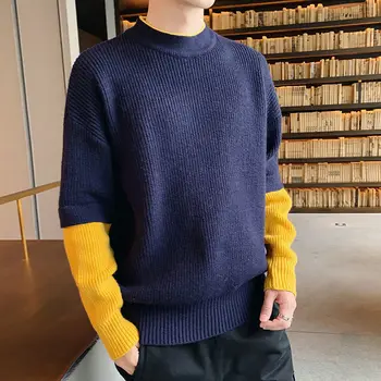Корейские модные Свитера, Мужские Осенние Вязаные свитера в стиле пэчворк, Мужская Уличная Одежда, Мужская Одежда, Вязаный свитер, Мужские Пуловеры D152