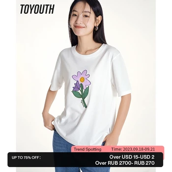 Toyouth Женская футболка 2023 Лето С коротким рукавом и круглым вырезом, Свободные футболки с цветочным принтом и вышивкой из чистого хлопка, комфортные повседневные топы