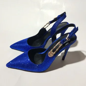 Темно-синий Кристалл, Золотая пряжка, туфли-лодочки на высоком каблуке, ремешок с вырезом, Острый носок, Мелкий горный хрусталь, Праздничная обувь для невесты