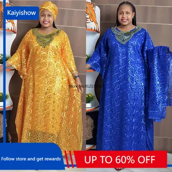 Африканские платья Дашики для женщин, Весна-Лето, Африканские женские Синие Желтые Длинные платья с круглым вырезом, Внутренняя часть и повязка на голову, Африканская Одежда