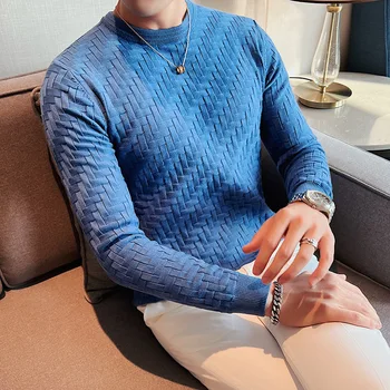Брендовая одежда 2022, Осенне-зимний Высококачественный Вязаный свитер, Мужской приталенный Клетчатый пуловер, облегающий свитер с круглым вырезом