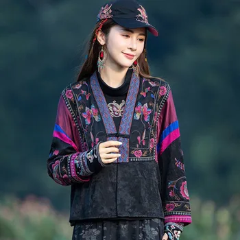 Осенняя черная китайская куртка в этническом стиле, женская вышивка, лоскутный восточный костюм эпохи Тан, Традиционное винтажное свободное короткое пальто, Новое