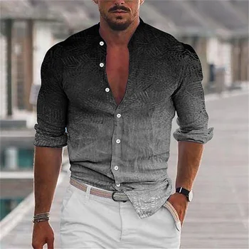 мужская рубашка 2023 с градиентной 3D печатью, воротник-стойка, черная однобортная рубашка с длинными рукавами, ультратонкая высококачественная рубашка