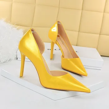 2023 Сексуальные женские фетишистские туфли-лодочки из глянцевой кожи на высоком каблуке 11 см, Женские Туфли для ночного клуба, свадебные Туфли на шпильках для стриптиза, желтые туфли