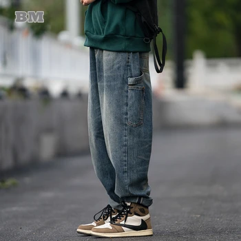 Японские Винтажные Высококачественные Джинсы-карго, Корейская Уличная Одежда, Свободные Джинсовые брюки, Мужская одежда, Повседневные прямые брюки в стиле Харадзюку