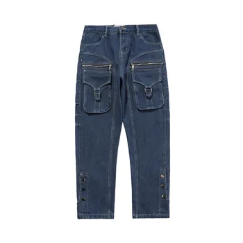 Модные Мужские Джинсовые брюки в стиле хип-хоп с множеством карманов и застежкой-молнией 2021 года, Прямые Повседневные Стильные джинсовые брюки-карго для подростков Pantalon