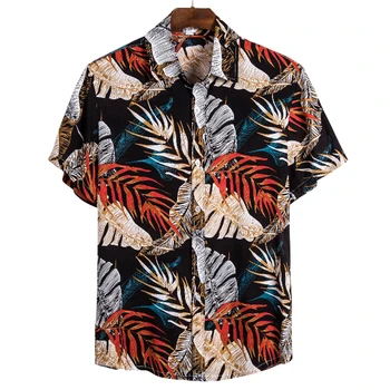 Мужская Гавайская рубашка из полиэстера, летняя рубашка с коротким рукавом, Пляжные рубашки с 3D рисунком Тропических листьев, повседневная блузка для мужчин 5xl