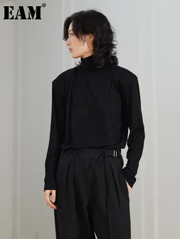 [EAM] Женская Черная Повседневная футболка с потертостями на плечах Большого размера, Новая Водолазка с длинным рукавом, Мода Tide, Весна-Осень 2023 1DF3953