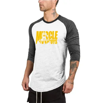 Мужская повседневная модная футболка с рукавом три четверти для тренажерного зала и фитнеса, приталенная футболка, впитывающая влагу, осенняя хлопковая контрастная рубашка для мышц