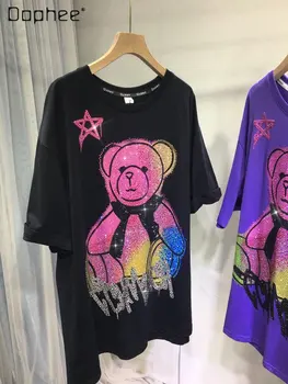 Модная футболка с рисунком Медведя из мультфильма градиентного цвета с тяжелой вышивкой и бриллиантами, женский пуловер средней длины с коротким рукавом, топ