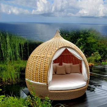 Открытый ротанговый диван-круглая кровать, проект художественного оформления сада отдела продаж, шезлонг для отдыха на курортном пляже, кровать в птичьей клетке
