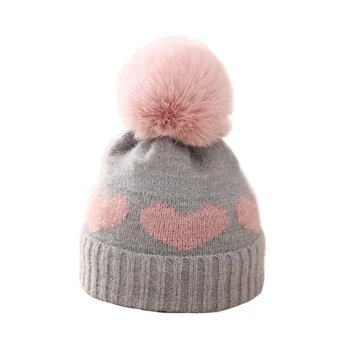 Шапочка-бини для маленьких девочек, Плюшевая вязаная зимняя теплая шапка с помпоном для новорожденных малышей, детская шапочка
