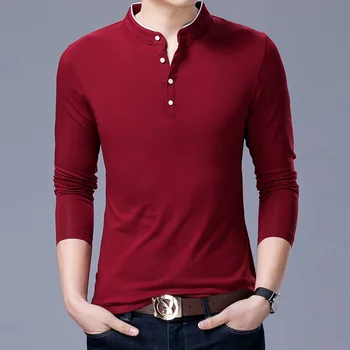Брендовая одежда 2023, осенняя новинка, мужская тонкая футболка со стоячим воротником, модная повседневная однотонная хлопковая футболка с длинным рукавом
