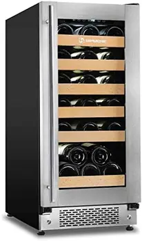 Встроенный охладитель вина для бутылок разного размера, Винный холодильник серии TS-2, Дверца из двухслойного закаленного стекла, Нержавеющая сталь, Передняя панель