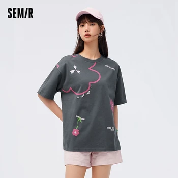 Женская футболка Semir с коротким рукавом средней длины, Летняя новинка 2023, Оверсайз, Нерегулярное платье с цветочным рисунком, футболка Sense