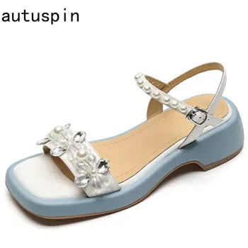 Autuspin/ Повседневные женские Босоножки на массивном каблуке; Уличная Летняя модная женская обувь в сдержанном стиле из натуральной кожи с квадратным носком; Новинка; Популярный дизайн;