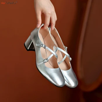 2023 Новые туфли-лодочки Mary Janes, женская обувь в стиле ретро, Роскошные туфли для девочек из натуральной кожи с перекрестными ремешками на среднем каблуке