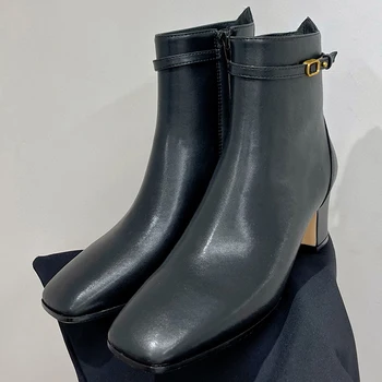 2023 Г., Осенние короткие ботинки, Новый дизайн ремешка с пряжкой, женские ботинки с квадратным носком, высококачественная натуральная кожа, Женские туфли-лодочки