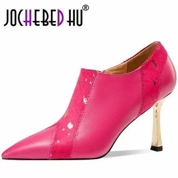 【JOCHEBED HU】 женские брендовые туфли-лодочки из натуральной кожи 22-24,5 см, тонкие туфли с острым носком и застежкой-молнией сбоку