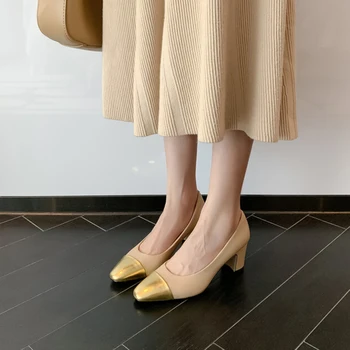 Простые женские туфли из овчины в стиле пэчворк с круглым носком, простые женские туфли на квадратном каблуке и ребристой подошве