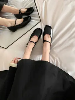 Универсальные тонкие туфли Mary Jane из натуральной кожи с мелким вырезом на толстом каблуке во французском стиле