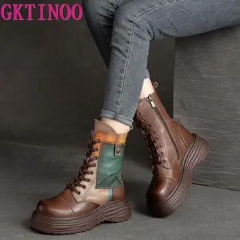 GKTINOO/Ботинки ручной работы; Женские ботинки из натуральной кожи с круглым носком, на шнуровке, молнии, платформе, на толстой подошве, до середины икры в стиле Ретро; Zapatos Mujer