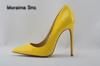 Бренд Moraima Snc, желтые туфли на высоком каблуке из лакированной кожи с острым носком, Женские туфли-лодочки на шпильке без застежки, обувь на тонком каблуке