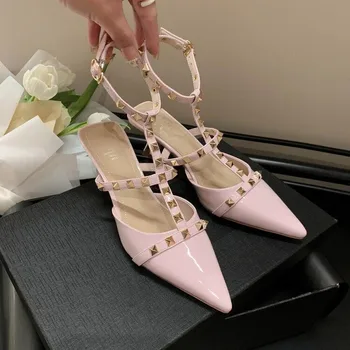 Женские босоножки с острым носком 2023, роскошные дизайнерские пикантные босоножки с заклепками, свадебные туфли на очень высоком каблуке