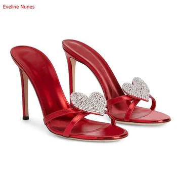 Красные Тапочки-слипоны со стразами в форме сердца, Круглый носок, из полой кожи, Пикантная простая модная удобная летняя женская обувь