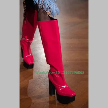 Женские красные зеркальные сапоги до колена из лакированной искусственной кожи на платформе и массивном каблуке, повседневные модельные ботинки, размер 46, вечерние танцевальные ботинки, туфли-лодочки