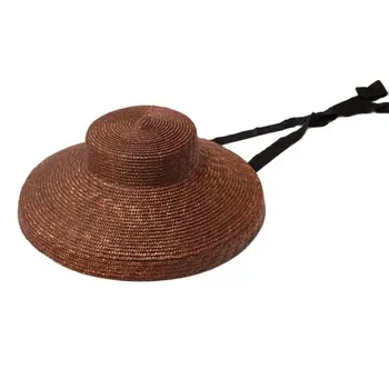 Новые Модные Элегантные солнцезащитные шляпы с широкими полями для женщин, летние шляпы-дерби, Соломенные шляпы-клоши с плоским верхом на шнуровке, Гибкая пляжная шляпа
