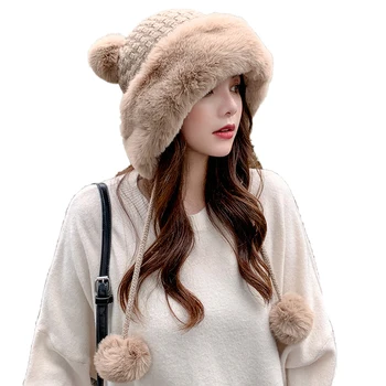 Корейские осенне-зимние женские новые шапочки с шариками из кроличьей шерсти, шапки для защиты ушей, плюшевая шерстяная вязаная теплая шапка