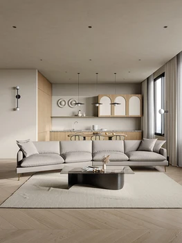 Современный минималистский диван, легкая экстравагантная гостиная в минималистском стиле, полная дуга, скандинавская голова из воловьей кожи, сетевая знаменитость