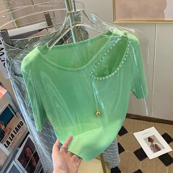 Французский открытый нерегулярный топ, Женский летний дизайн, зелено-белая футболка с коротким рукавом, Топы Y2k, Модные жемчужные футболки, женские