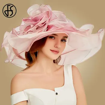FS, Розовая женская шляпа-дерби из Кентукки, Солнцезащитные шляпы из органзы, Элегантные женские Фетровые шляпы с большими широкими полями, Церковные Фетровые шляпы
