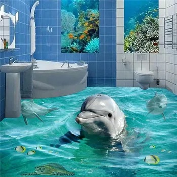 beibehang Фотообои для пола Обои-3D Стереоскопический Дельфин Океан Фрески для ванной Комнаты ПВХ Обои Самоклеящаяся настенная живопись