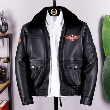 Черная зимняя мужская куртка пилота в стиле милитари, Большие размеры 5XL, короткая куртка из натуральной толстой воловьей кожи, авиационные пальто из натуральной кожи