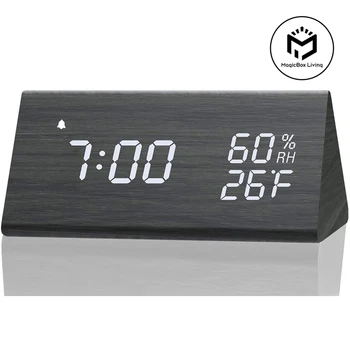 Деревянный будильник Со светодиодным дисплеем времени, USB-зарядное устройство, датчик влажности и температуры, цифровой будильник для прикроватного столика