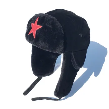 Мужская и женская зимняя теплая шапка Lei Feng, плюшевая и толстая, защищающая от холода Защита ушей для велоспорта, Красная шляпа с пятиконечной звездой C92