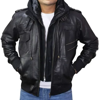 Мужская Черная Модная куртка-бомбер С капюшоном из натуральной овечьей кожи Rider Coat