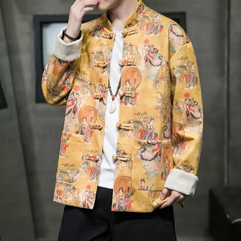 Мужская куртка в китайском стиле из замшевой ткани С Длинным рукавом и воротником-стойкой, с принтом, с пряжкой на циферблате, Костюм Tang, Улучшенное осеннее пальто Hanfu, куртка