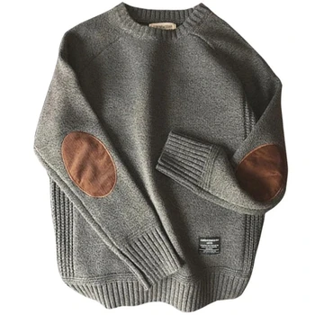 Осенне-зимний мужской Трикотаж, Модный Повседневный свитер с нашивками, Уличный пуловер в стиле Харадзюку в стиле ретро с круглым вырезом