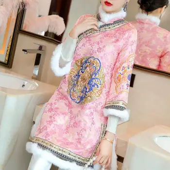 Китайский костюм эпохи тан, короткий топ-чонсам, зимняя утепленная куртка, женская хлопковая одежда с принтом и длинным рукавом в китайском национальном стиле