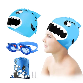 Аксессуары для плавания, Детские плавательные очки с защитой от ультрафиолета и акулы, шапочка для плавания, силиконовый зажим для носа с сумкой для хранения для детей 3-12 лет