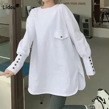 Модная однотонная футболка с круглым вырезом и пуговицами, весенне-осенняя женская одежда, базовый универсальный повседневный нерегулярный женский топ