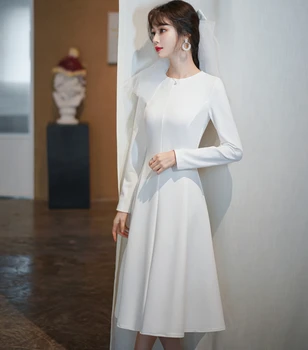 #4217 Великолепное 2021 Новый Стиль Корея с круглым вырезом и длинным рукавом, атласное свадебное платье Чайной длины, свадебное платье