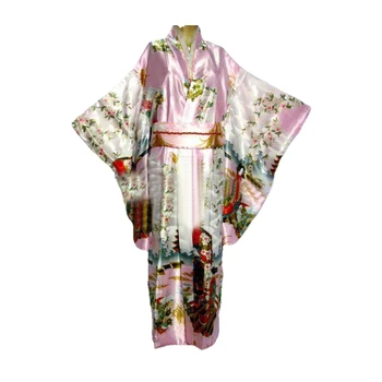 Розовое японское женское шелковое атласное кимоно, вечернее платье Юката, кимоно Хаори с Obi peri, один размер H0016-C