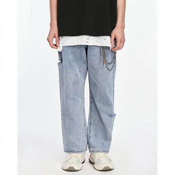 Мужские джинсы Уличная мода Студенческая молодежная Корейская Свободная тенденция Прямые джинсы с широкими дырками Мужские мешковатые джинсы