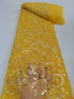 2023 желтая Роскошная Высококачественная африканская вышивка Кружевная ткань для Жениха Модная Нигерийская кружевная ткань с золотыми бусинами Для свадебной вечеринки